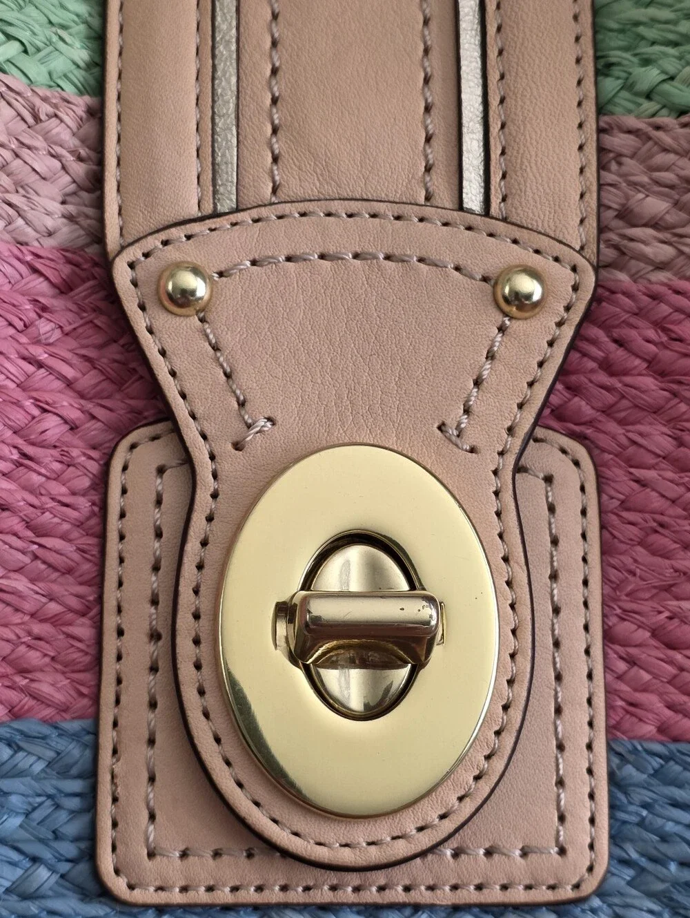 Coach 19361 Hamptons Multicolor Striped Straw Tote Bag Pink Blue Tan Leather Y2K